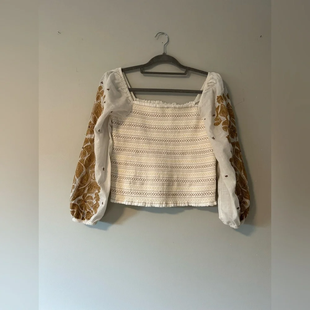 Anthropologie Embroidered Smocked Peasant Top M Boho Cottagecore Blouse